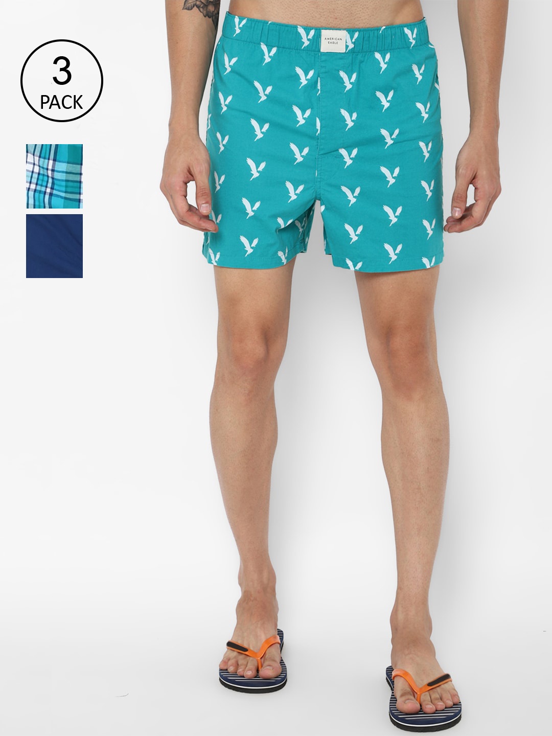 

AMERICAN EAGLE OUTFITTERS Men Blue & White Printed Pure Cotton Boxers Pack Of 3