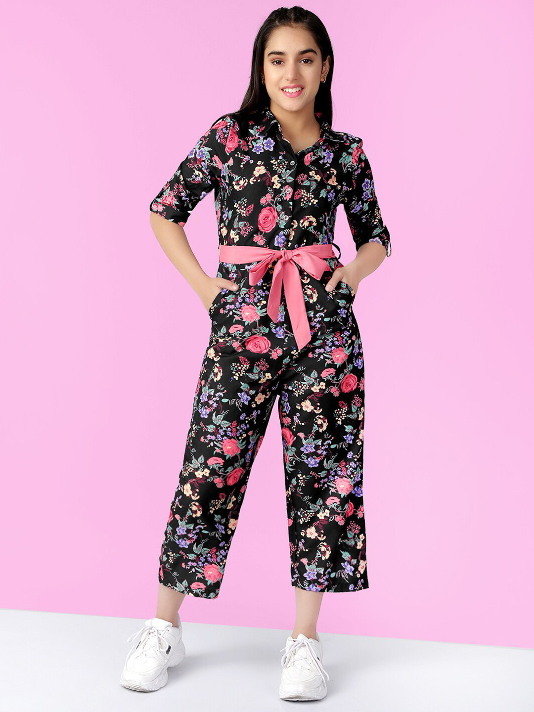 

Naughty Ninos Girls Black & Pink Printed Basic Jumpsuit