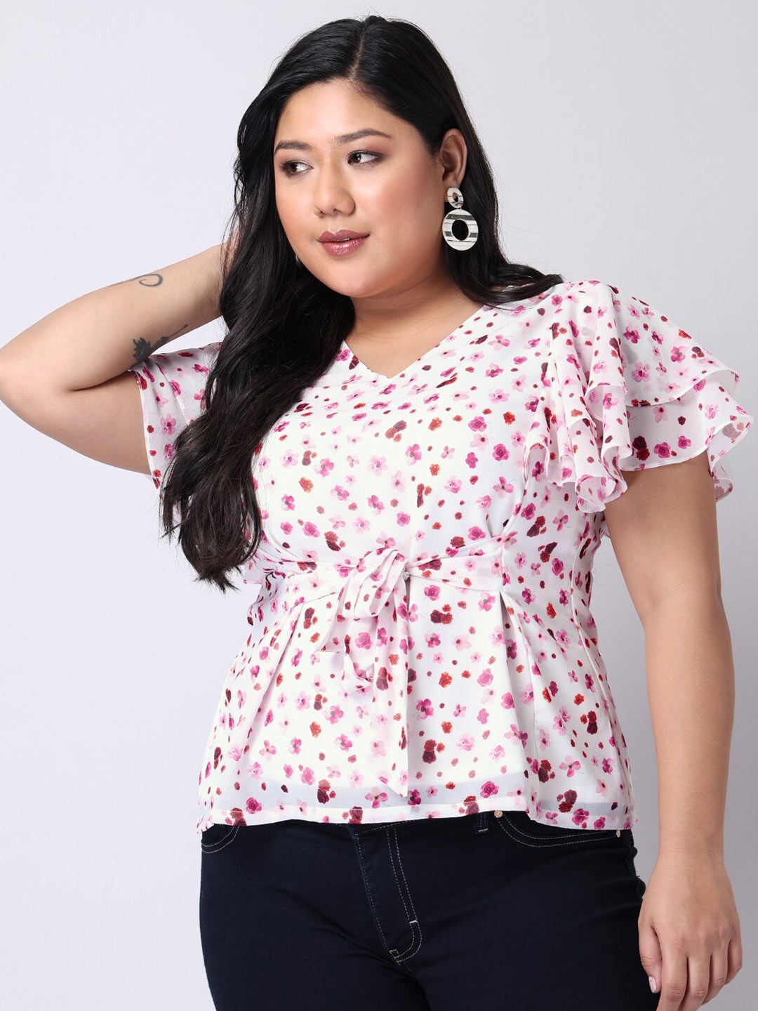 

FabAlley Curve Plus Size White & Pink Floral Print Georgette Cinched Waist Top