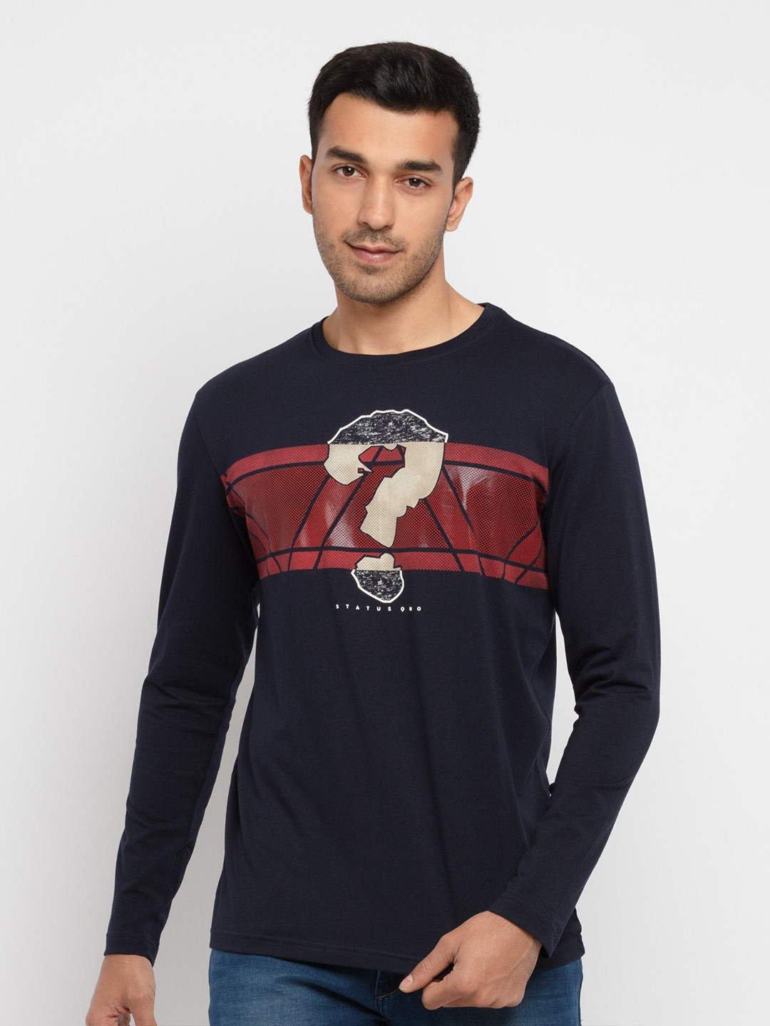 

Status Quo Men Blue Typography Printed Applique T-shirt