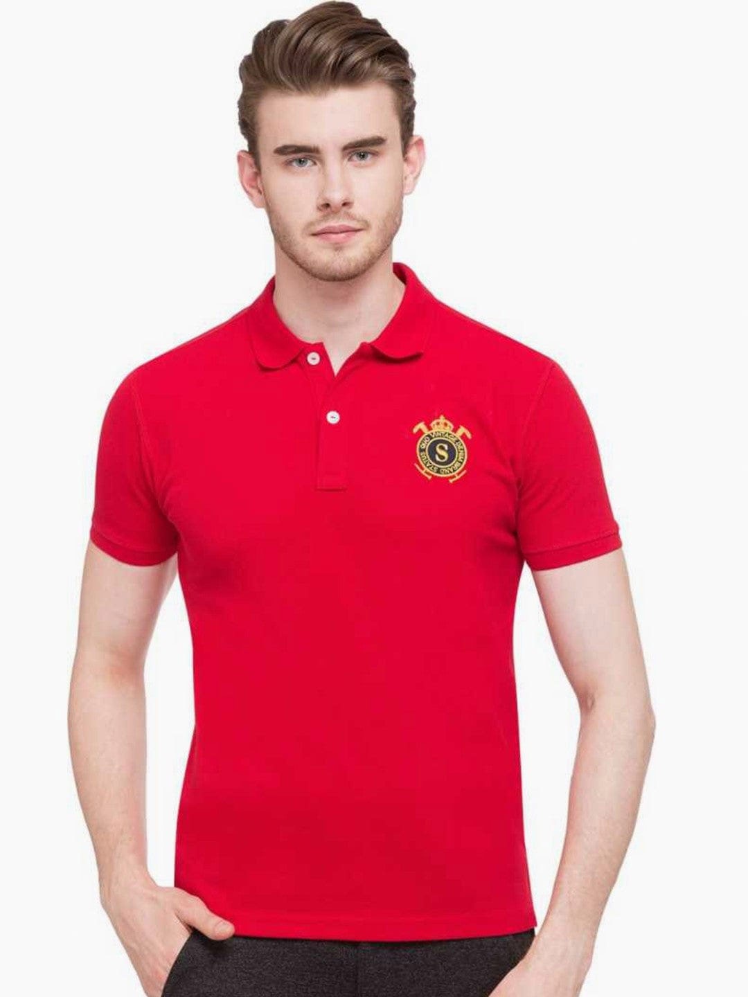 Status Quo Men Red Polo Collar Applique T-shirt