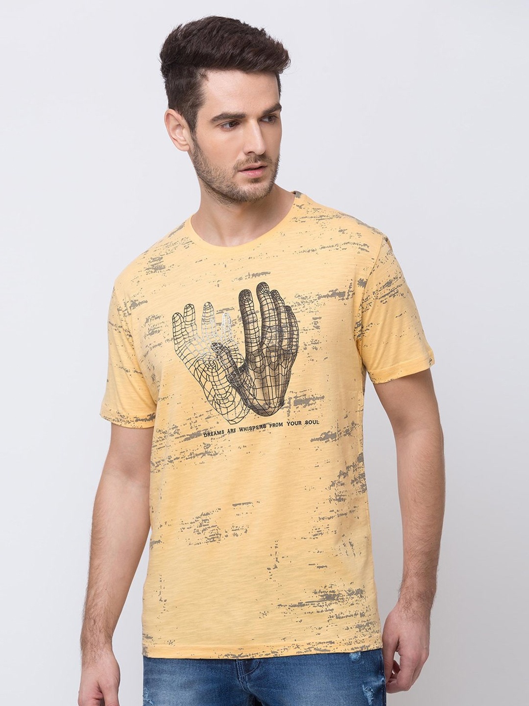 

Status Quo Men Orange Typography Printed Raw Edge T-shirt