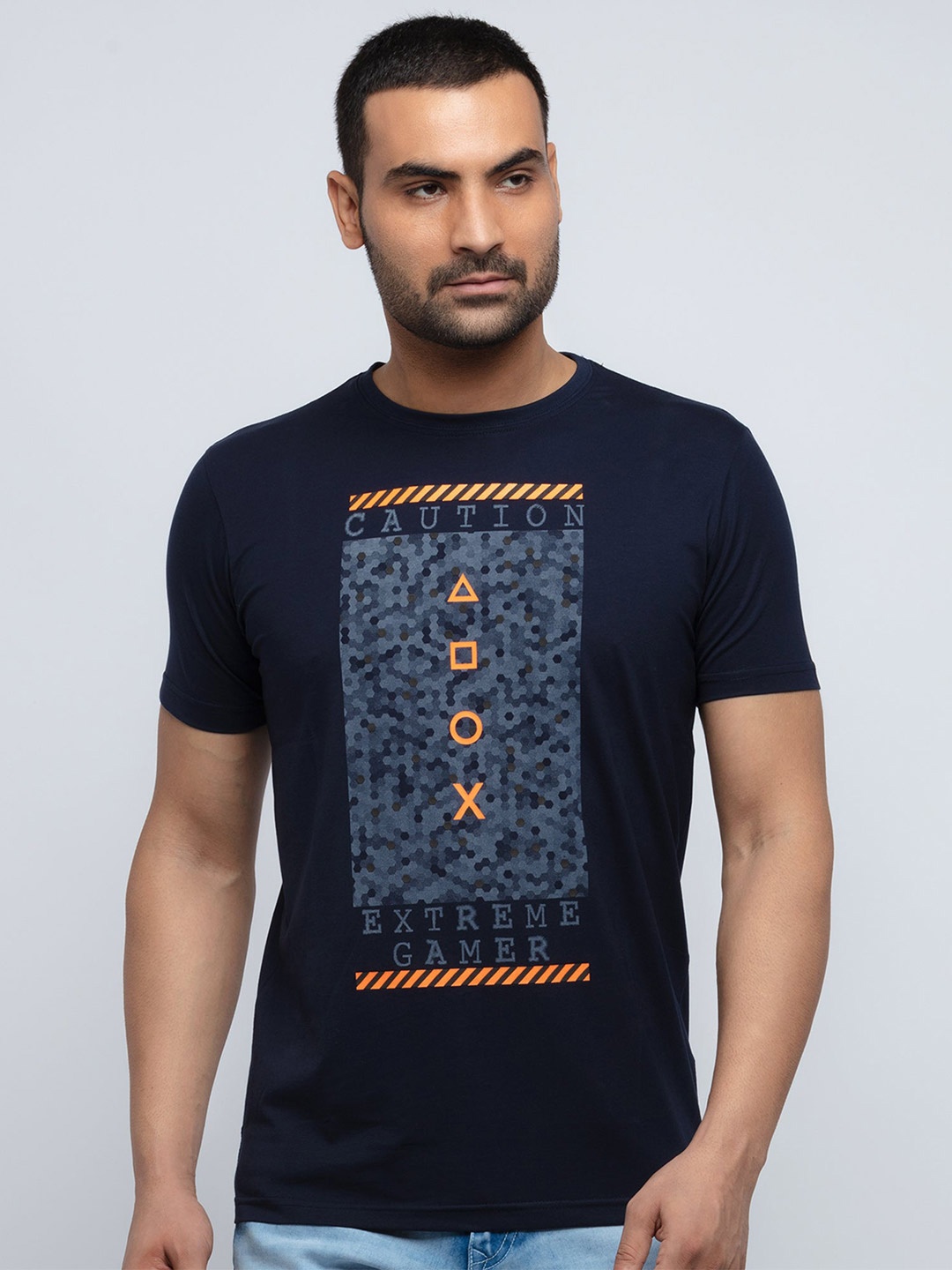 

Status Quo Men Blue Printed Cotton T-shirt