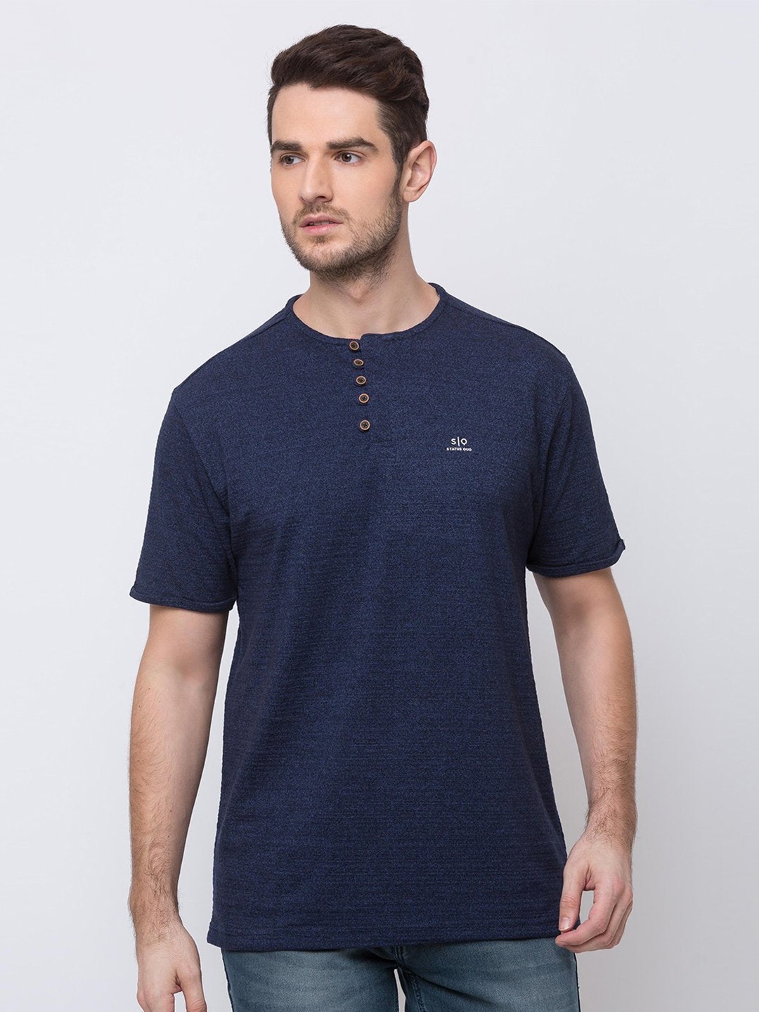 

Status Quo Men Blue Solid Cotton T-shirt