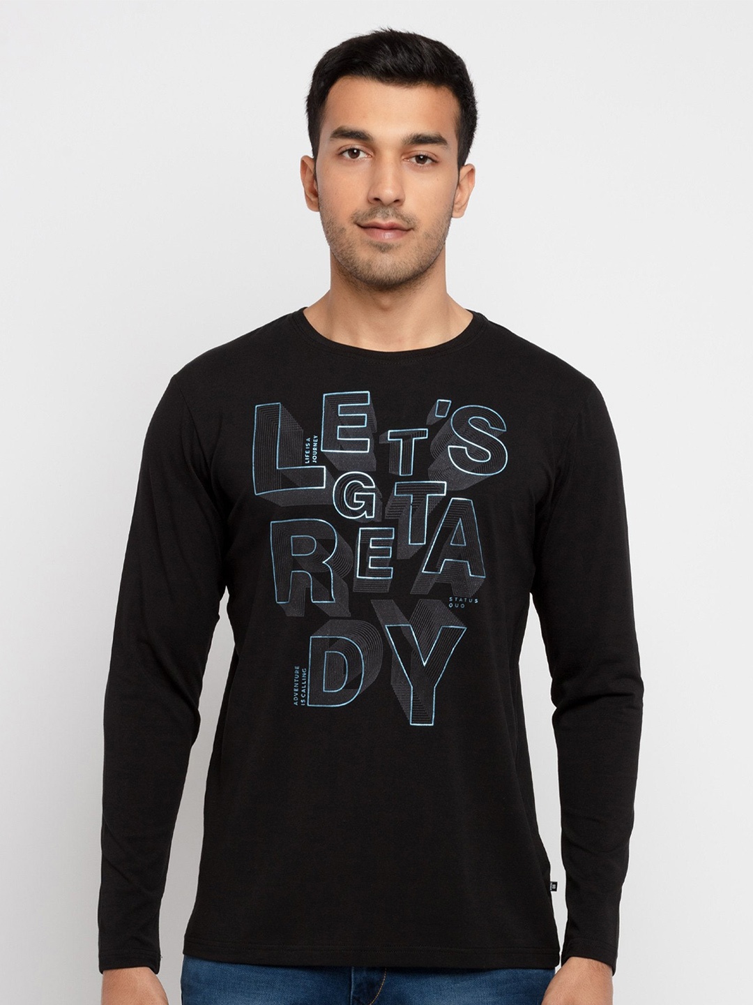 

Status Quo Men Black Typography Printed Extended Sleeves Raw Edge T-shirt