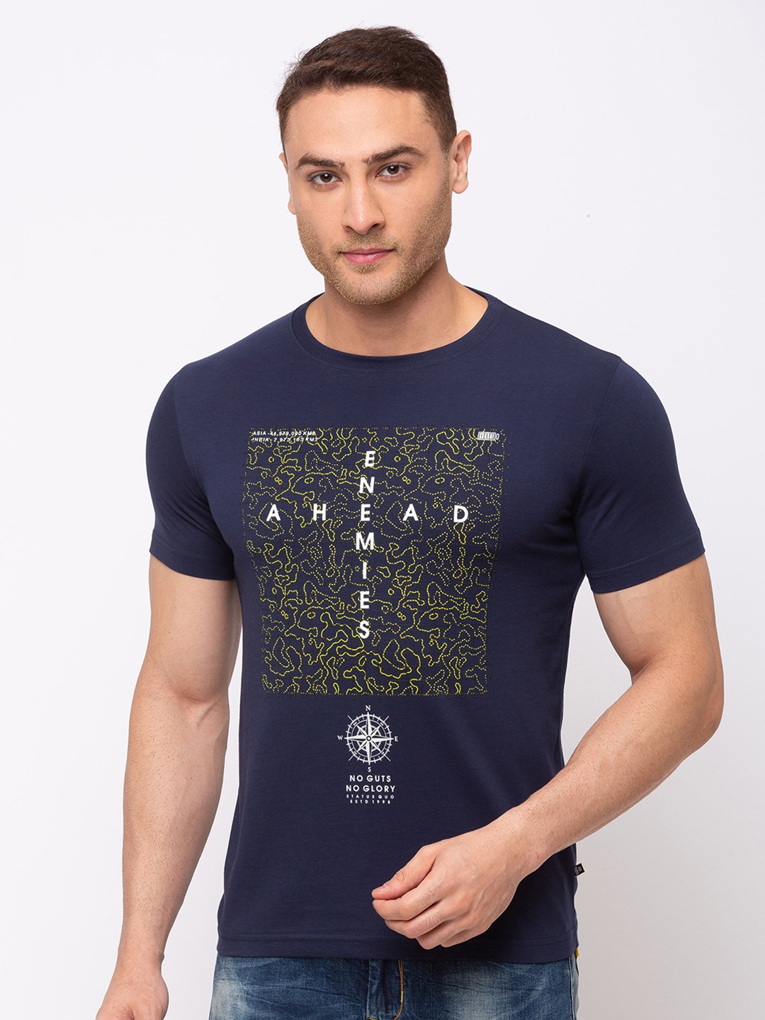 

Status Quo Men Blue Printed Cotton T-shirt