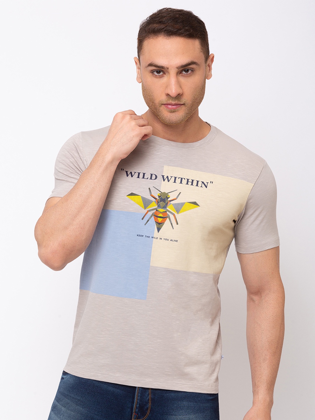 

Status Quo Men Grey Graphic Printed Cotton T-shirt