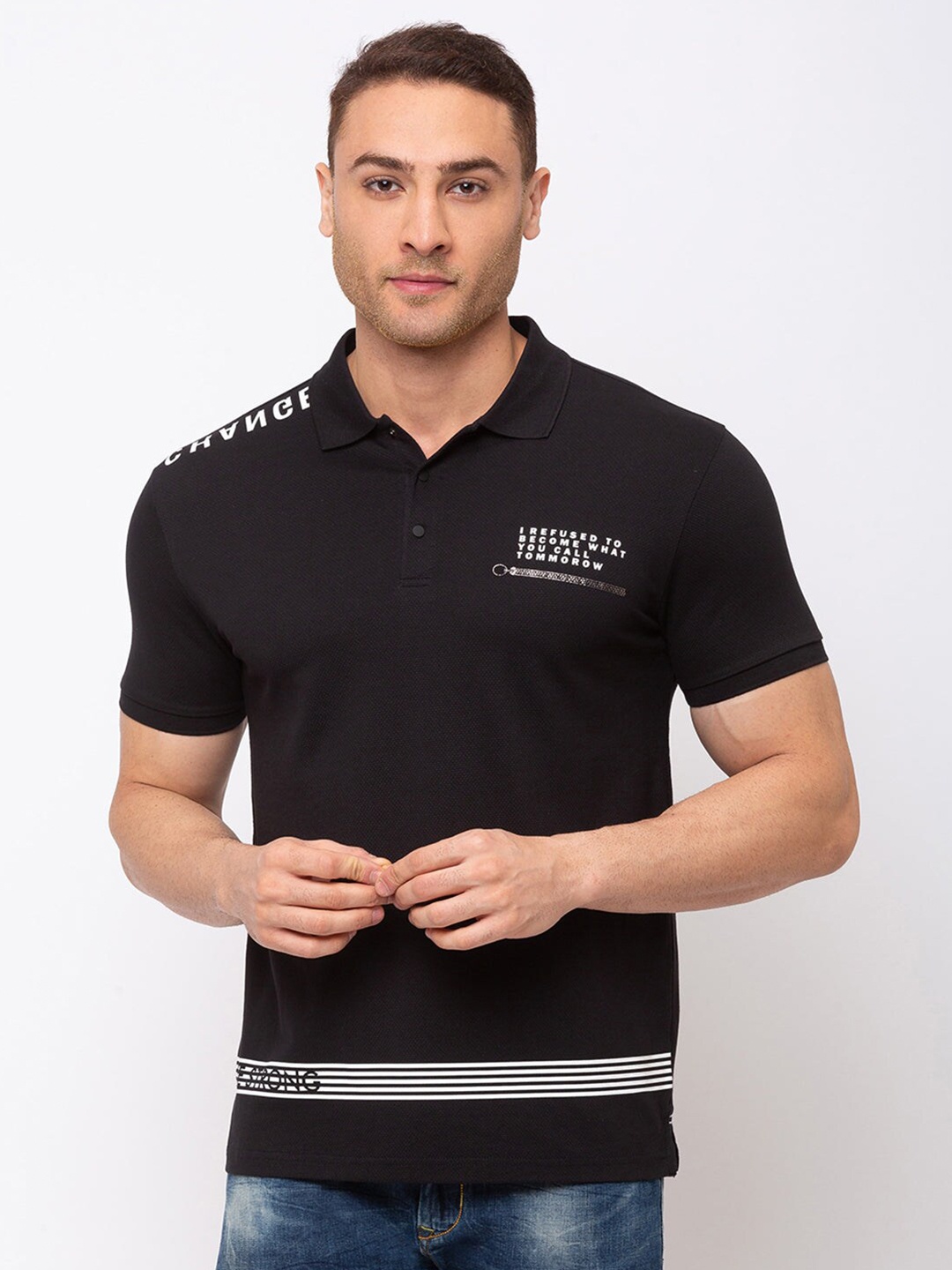 

Status Quo Men Black Printed Cotton High Neck T-shirt