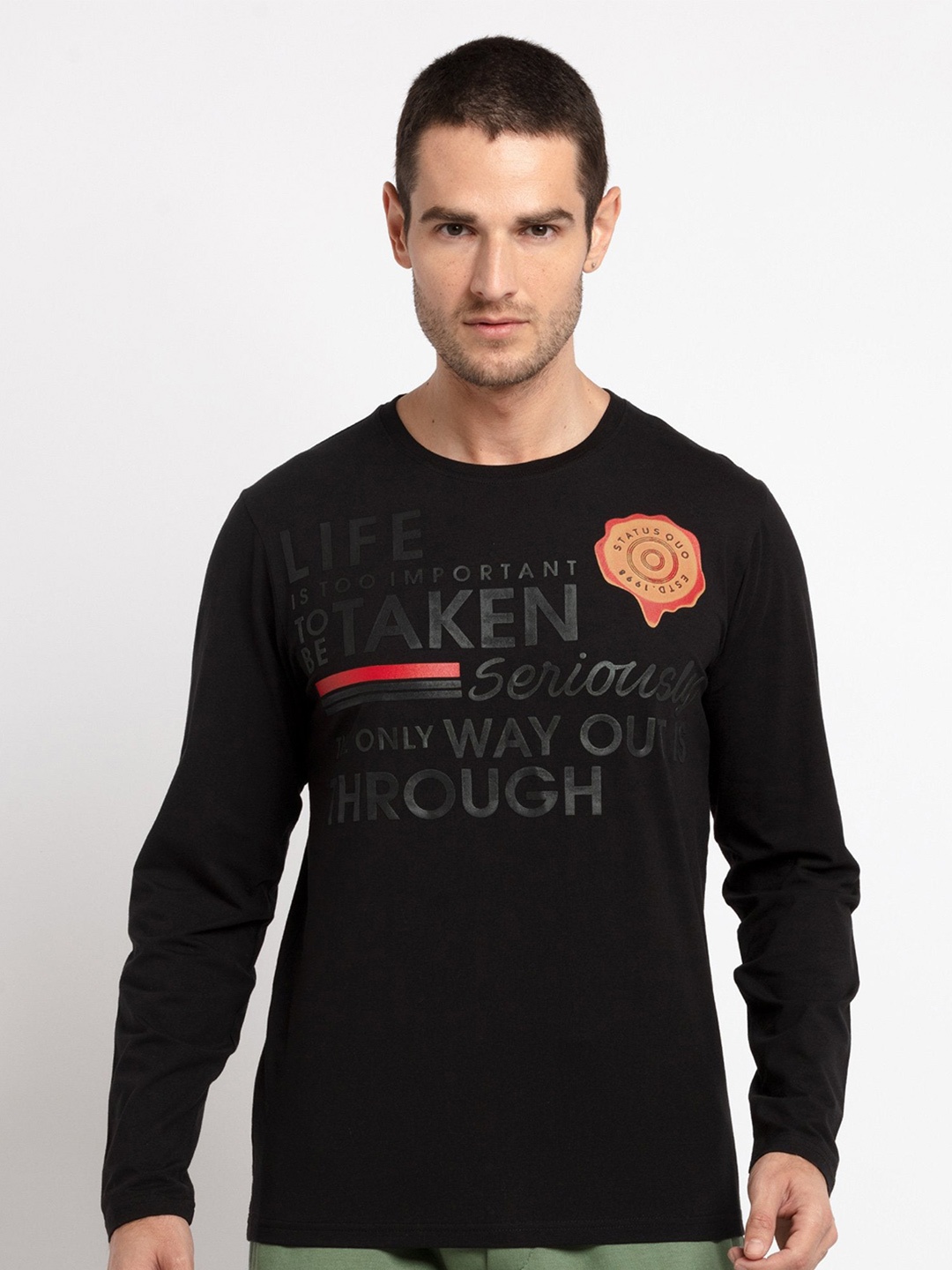 Status Quo Men Black Typography Printed T-shirt