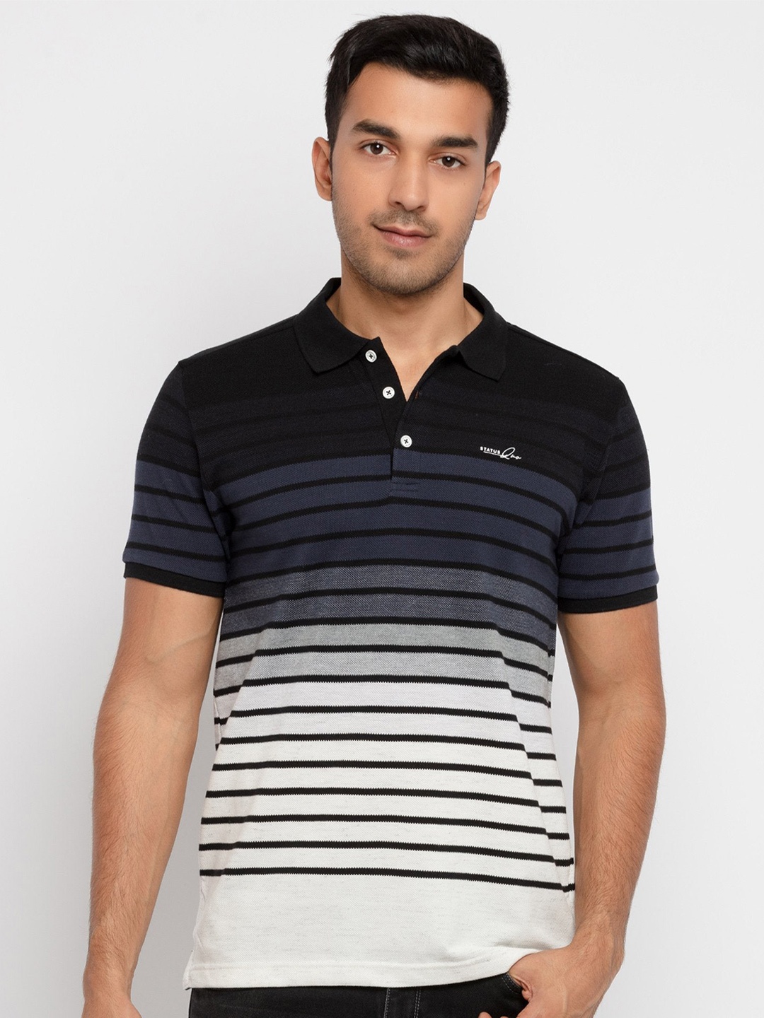 

Status Quo Men Black & White Striped Polo Collar T-shirt