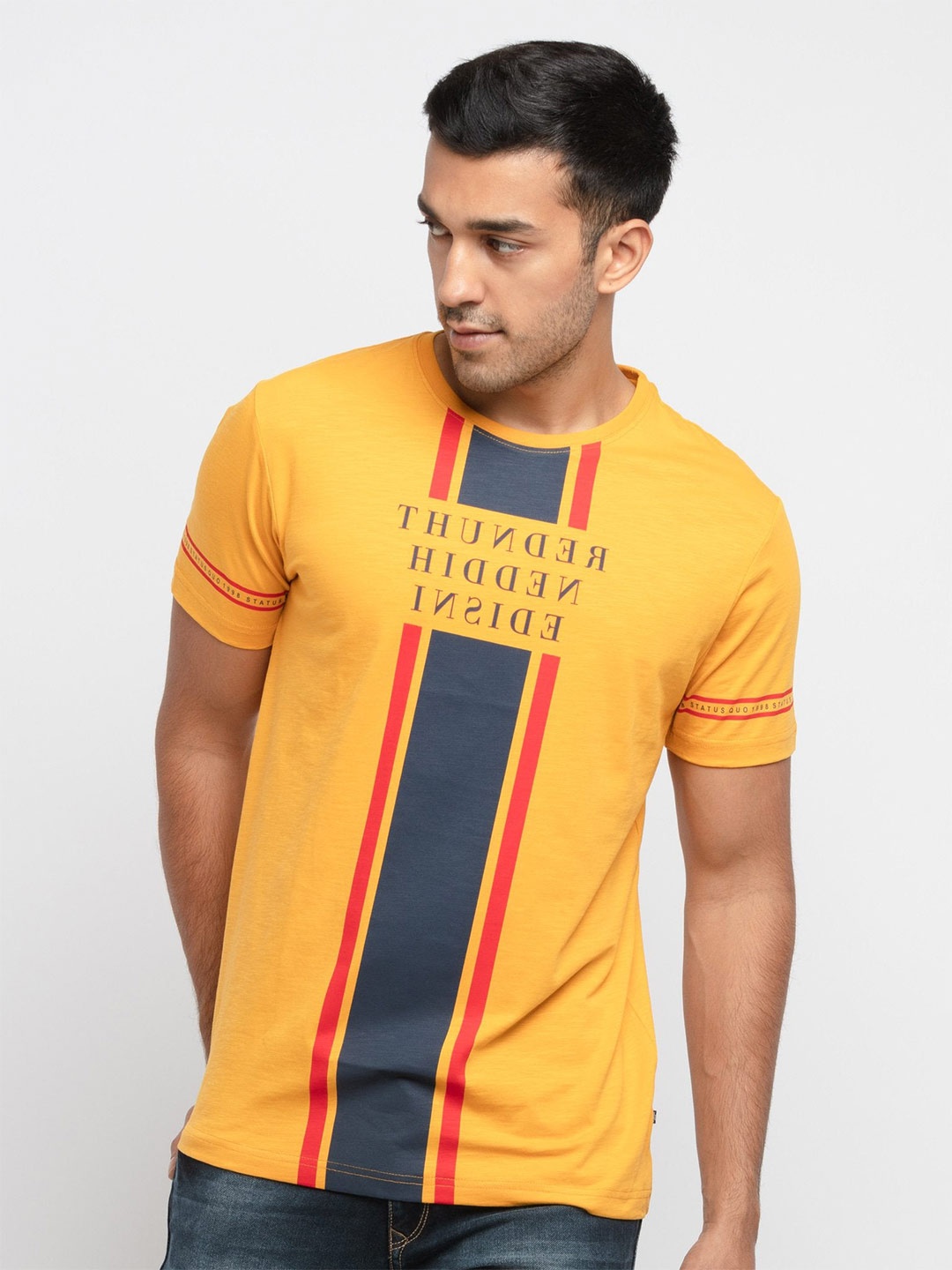 

Status Quo Men Yellow Typography Printed T-shirt