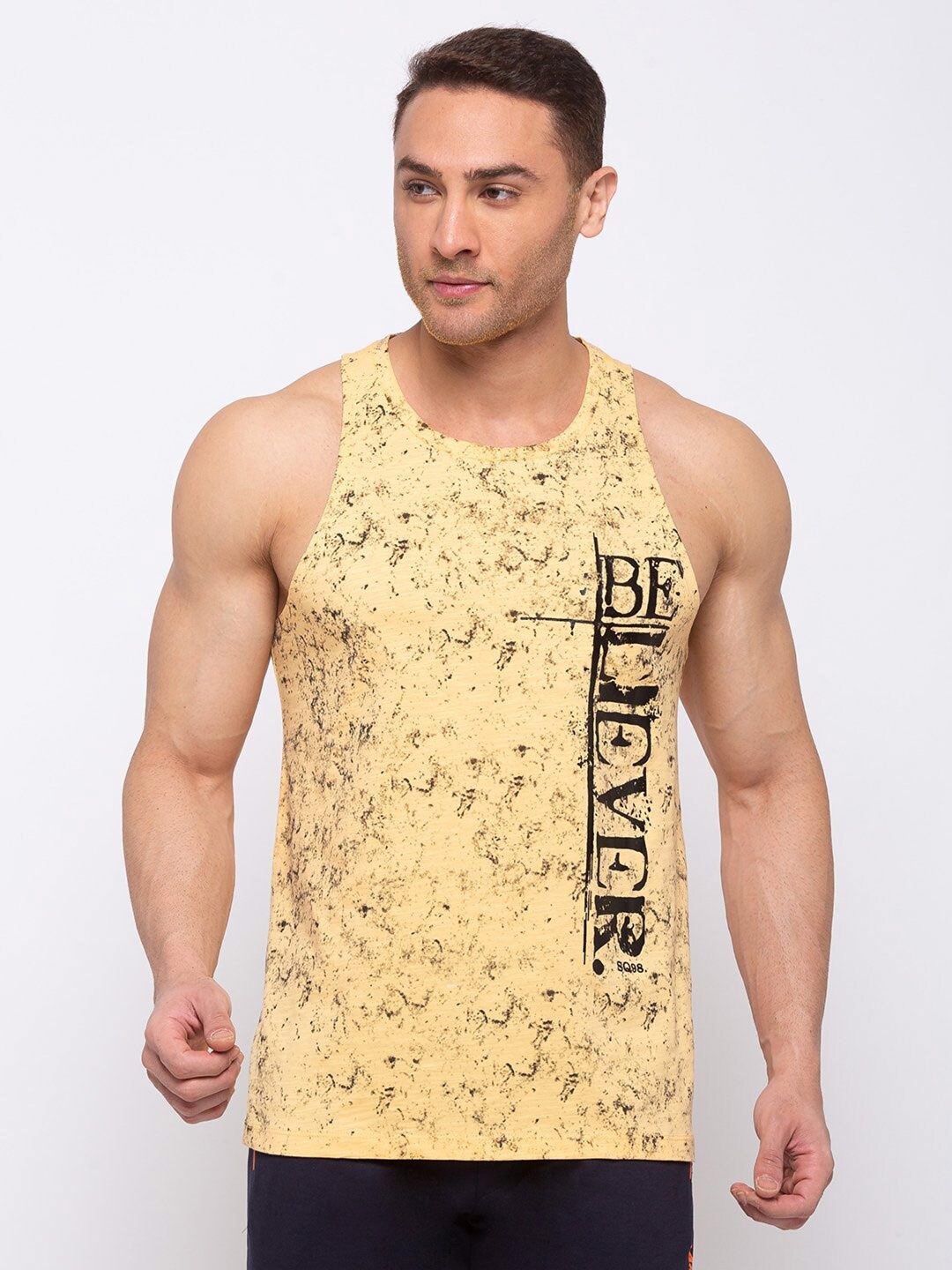 

Status Quo Men Orange Printed Sleeveless T-shirt
