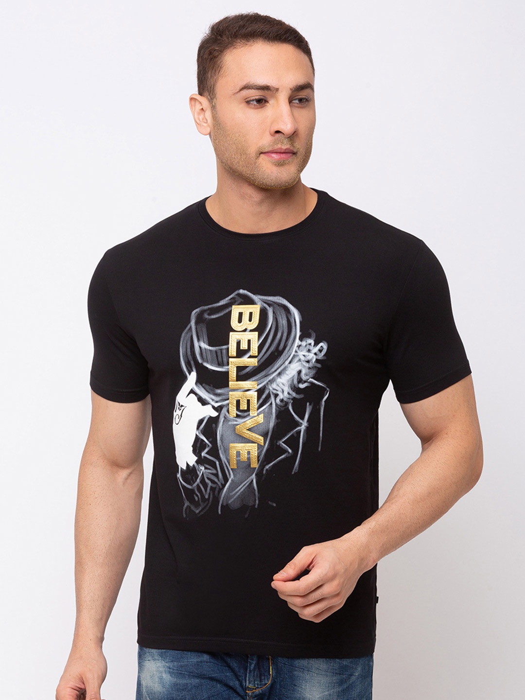 

Status Quo Men Black & White Printed Applique T-shirt