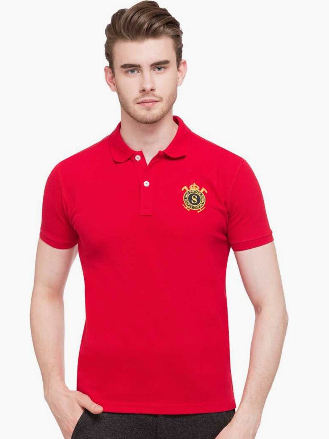 

Status Quo Men Red Solid Cotton Polo Collar T-shirt