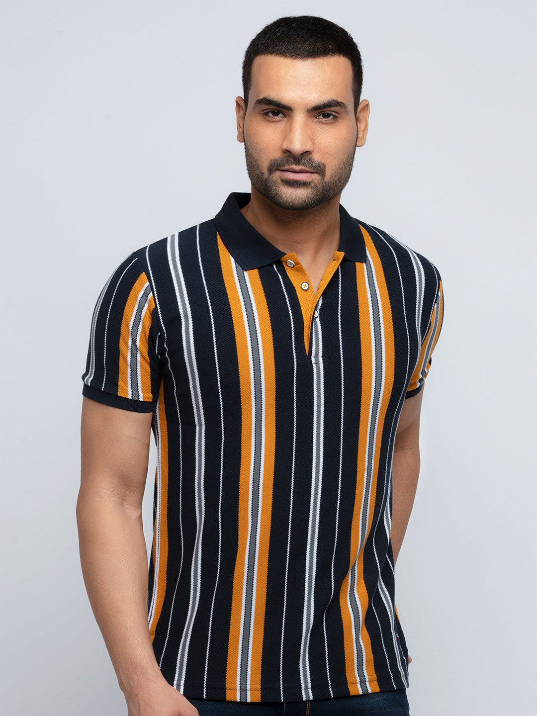 

Status Quo Men Yellow & Black Striped Polo Collar T-shirt