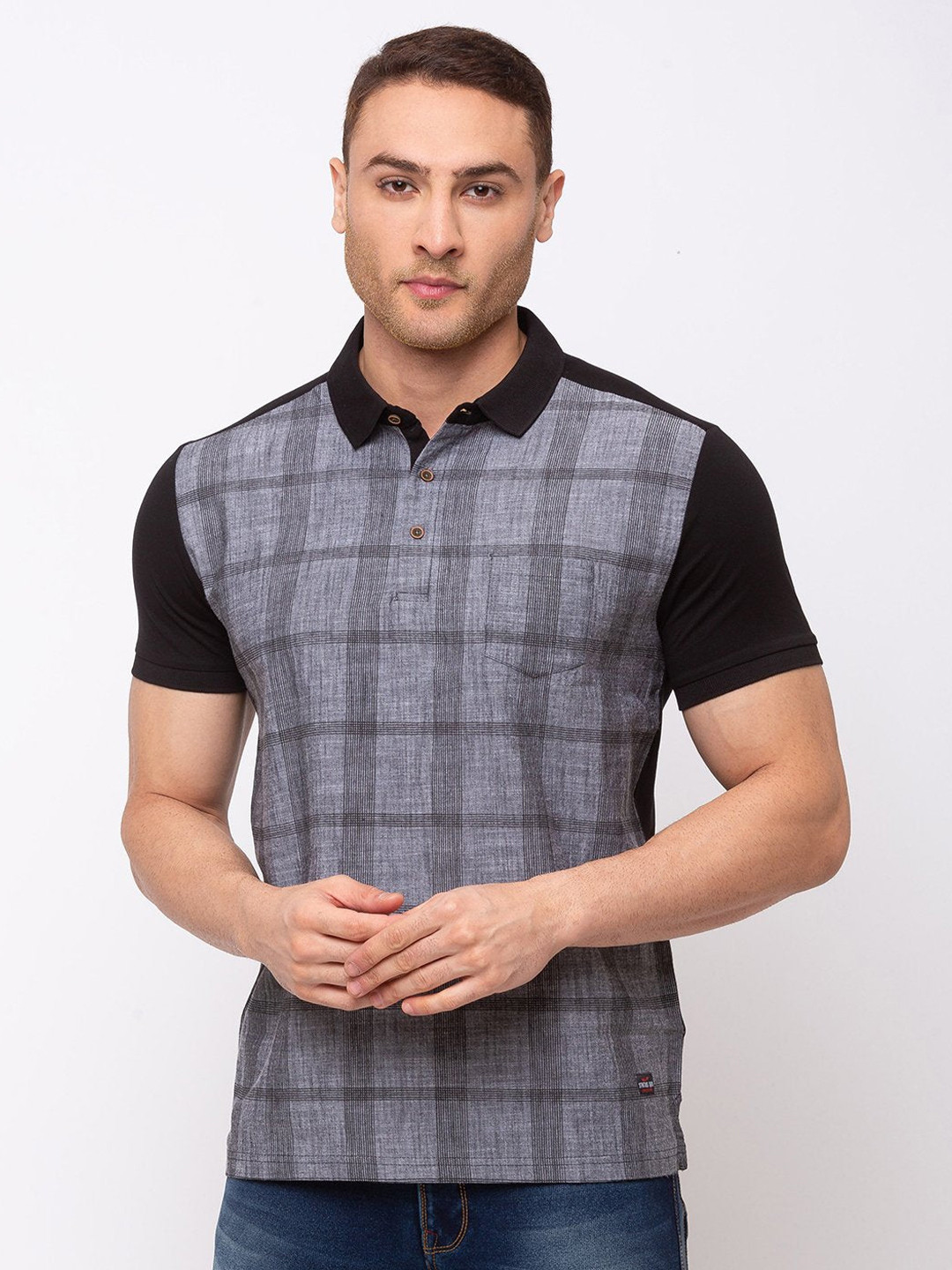 

Status Quo Men Black & Grey Checked Polo Collar T-shirt