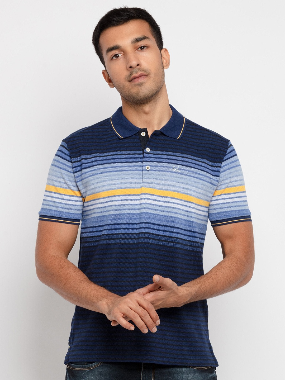

Status Quo Men Navy Blue Striped Regular Fit Polo Collar T-shirt