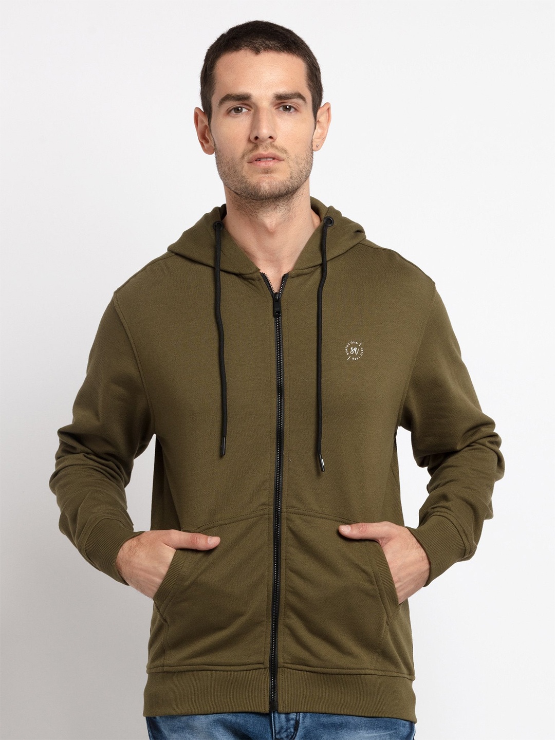 Status Quo Men Green Solid Cotton Hooded Sweatshirt