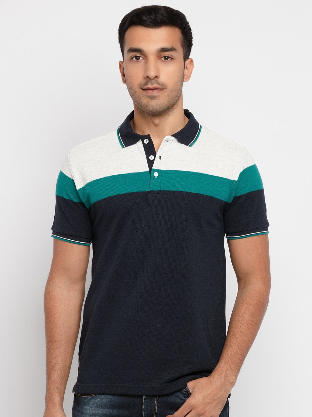 

Status Quo Men White Striped Polo Collar T-shirt