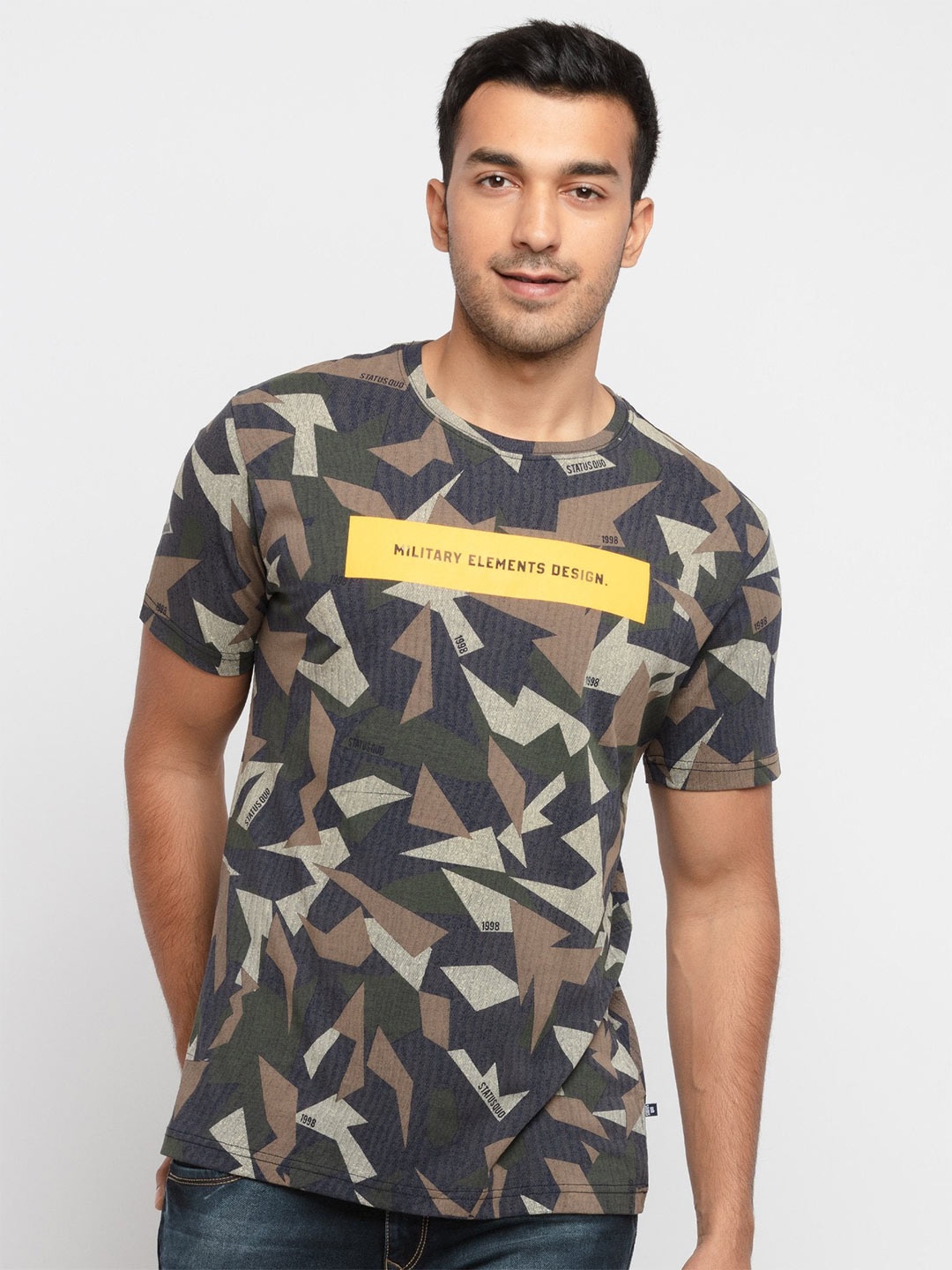 Status Quo Men Blue Printed Cotton T-shirt