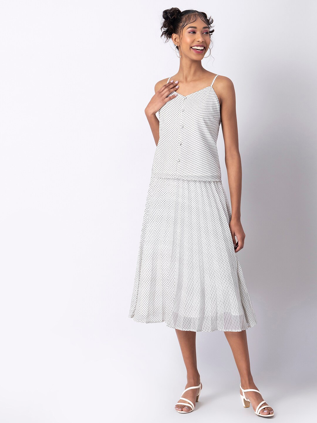 

FabAlley Women White Polka Dots Printed Top with Skirt
