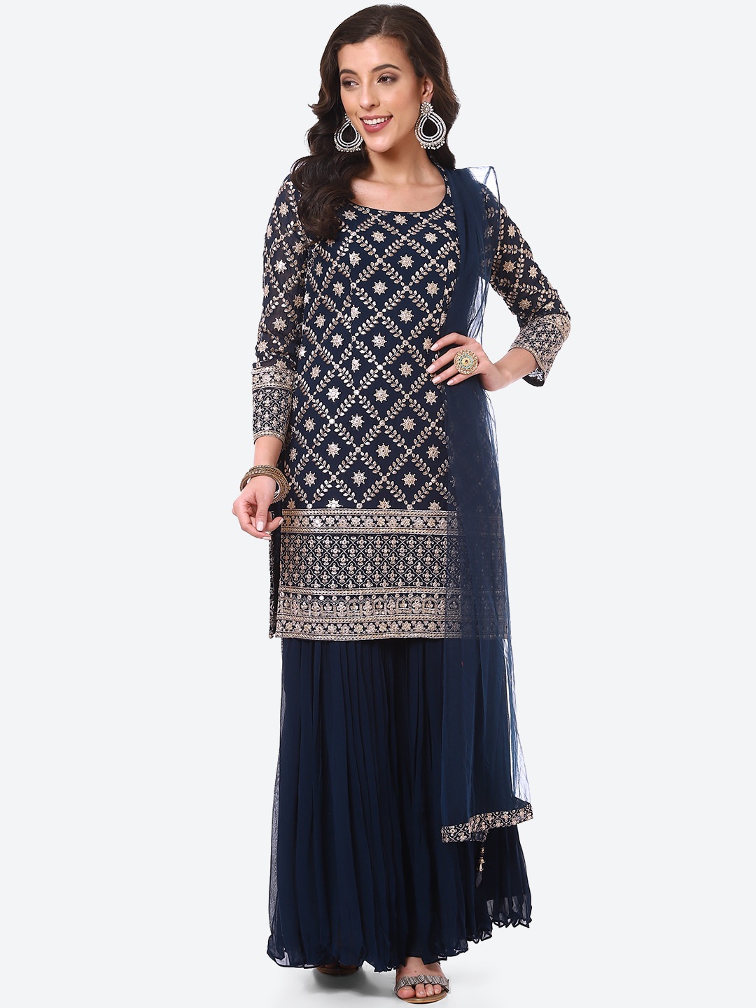 

Meena Bazaar Women Navy Blue Printed Silk Georgette Kurti with Sharara & With Dupatta