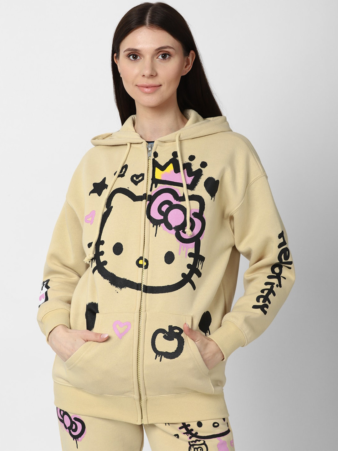 

FOREVER 21 Women Beige & Black Hooded Open Front Jacket