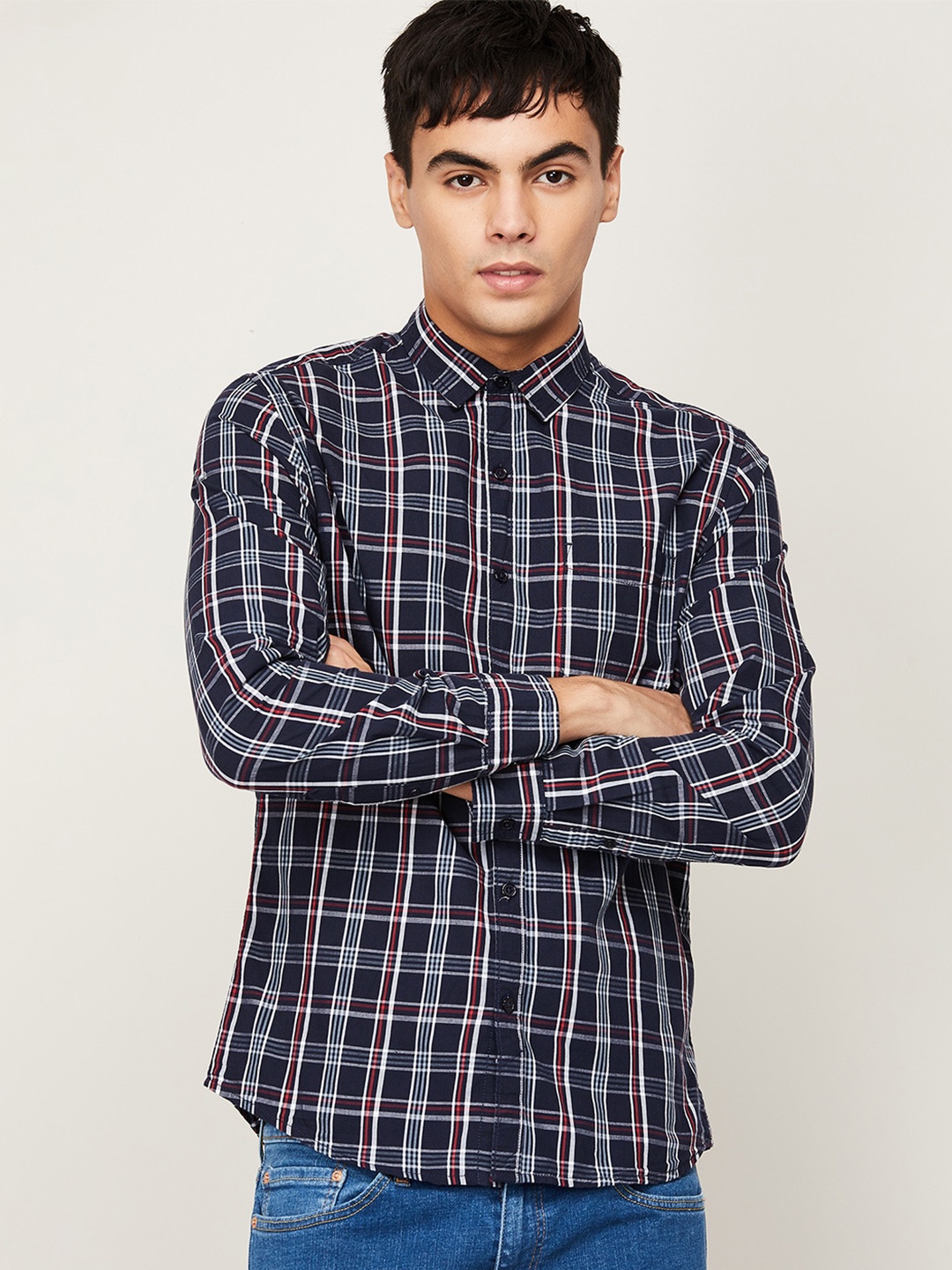 

Fame Forever by Lifestyle Men Navy Blue Slim Fit Tartan Checked Cotton Casual Shirt