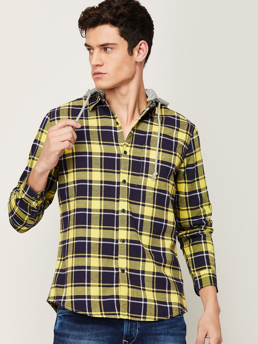 

Fame Forever by Lifestyle Men Yellow Slim Fit Tartan Checked Hooded Casual Shirt