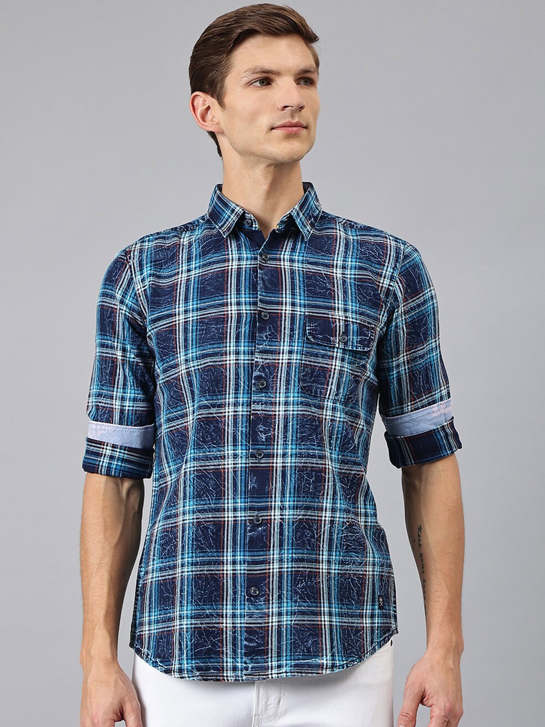

Thomas Scott Men Blue Regular Fit Tartan Checked Cotton Casual Shirt