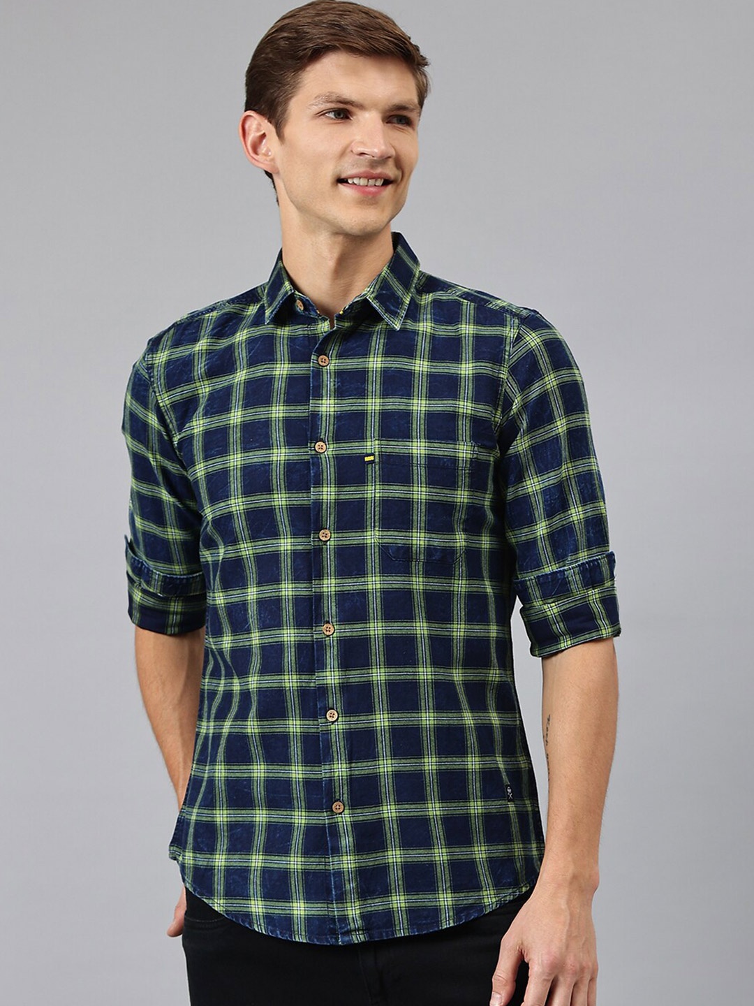 

Thomas Scott Men Green & Blue Tartan Checks Checked Regular Fit Cotton Casual Shirt