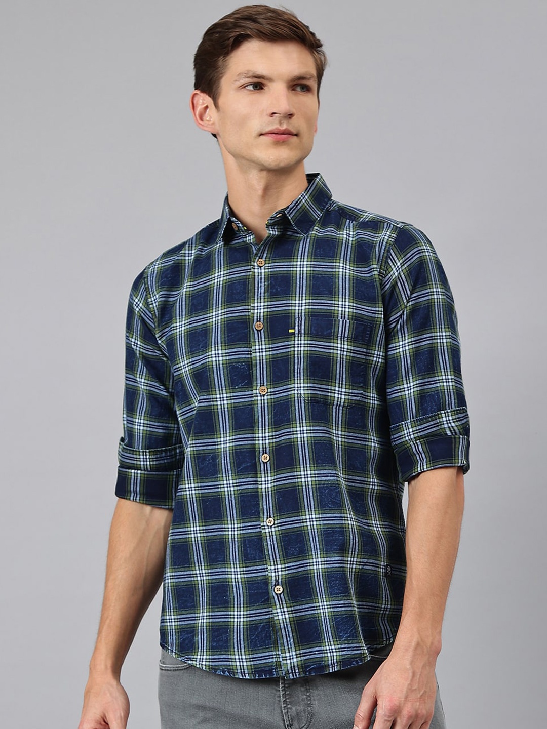

Thomas Scott Men Blue & Green Tartan Checks Casual Shirt