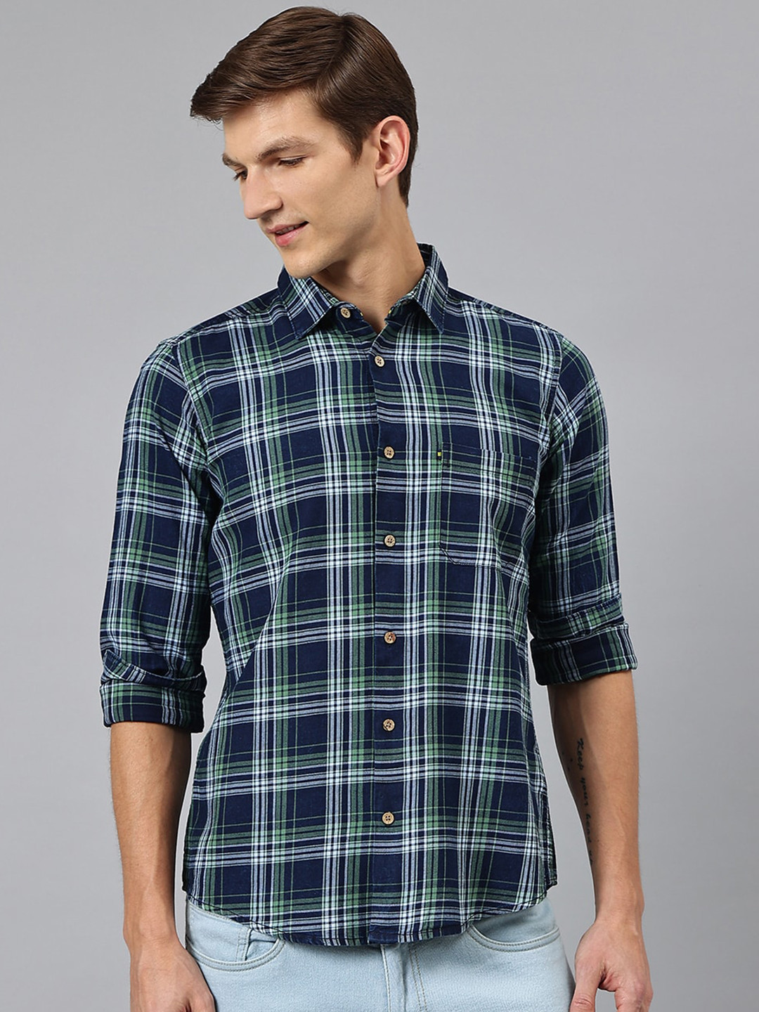 

Thomas Scott Men Green Tartan Checks Checked Casual Shirt