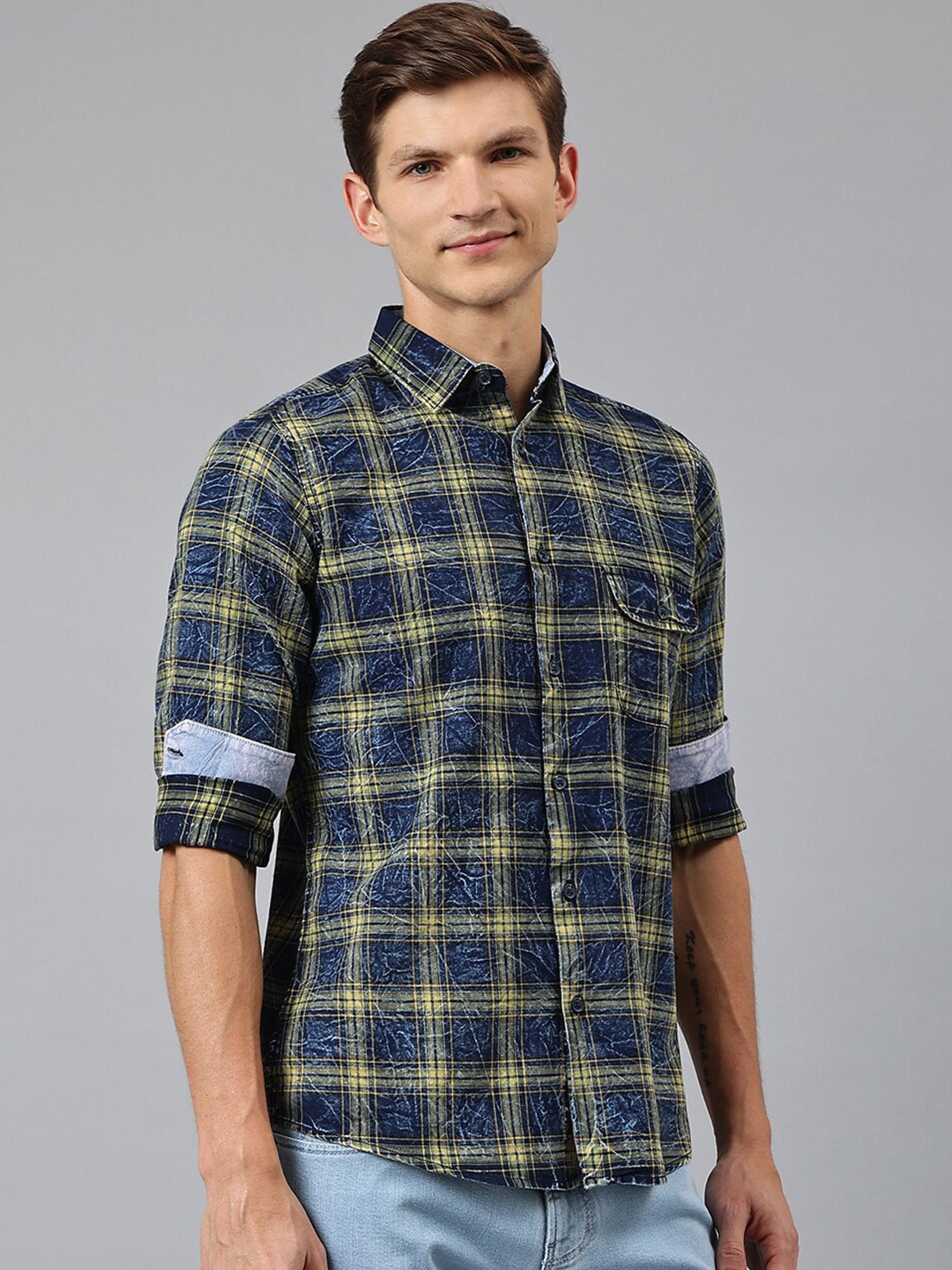 

Thomas Scott Men Navy Blue Tartan Checks Checked Casual Shirt