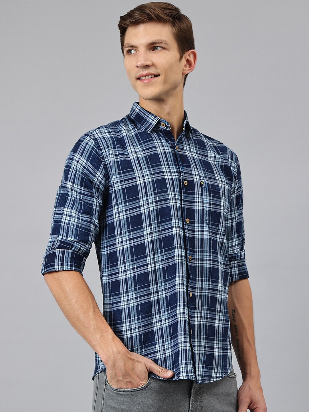 

Thomas Scott Men White Tartan Checks Checked Casual Shirt