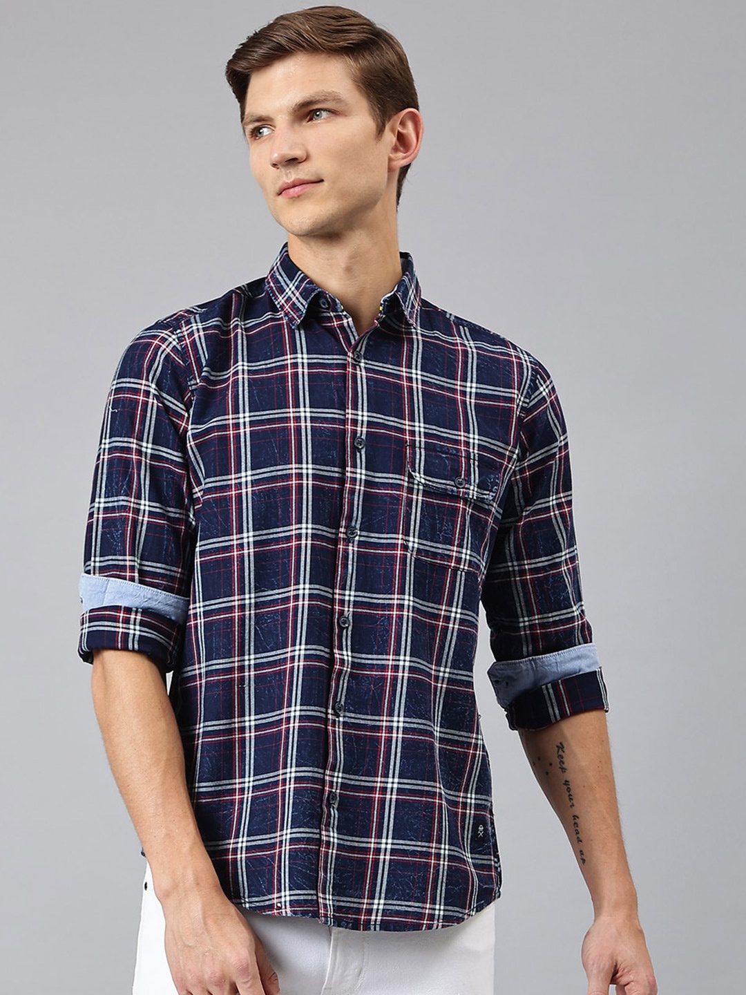 

Thomas Scott Men Blue Tartan Checks Checked Casual Shirt