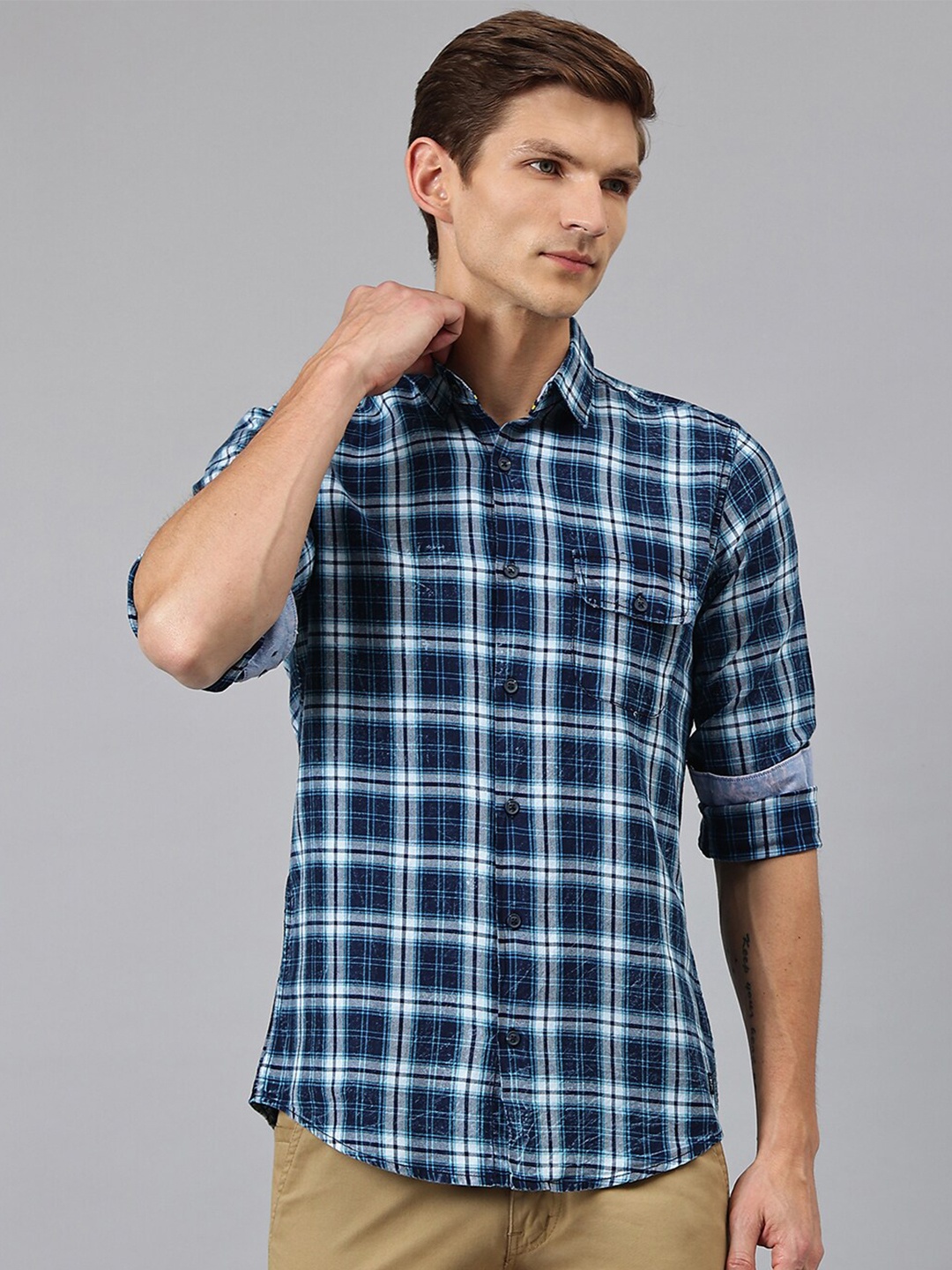 

Thomas Scott Men Blue Tartan Checked Cotton Casual Shirt