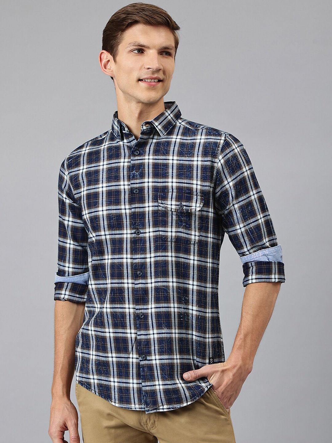 

Thomas Scott Men Blue Tartan Checked Cotton Casual Shirt