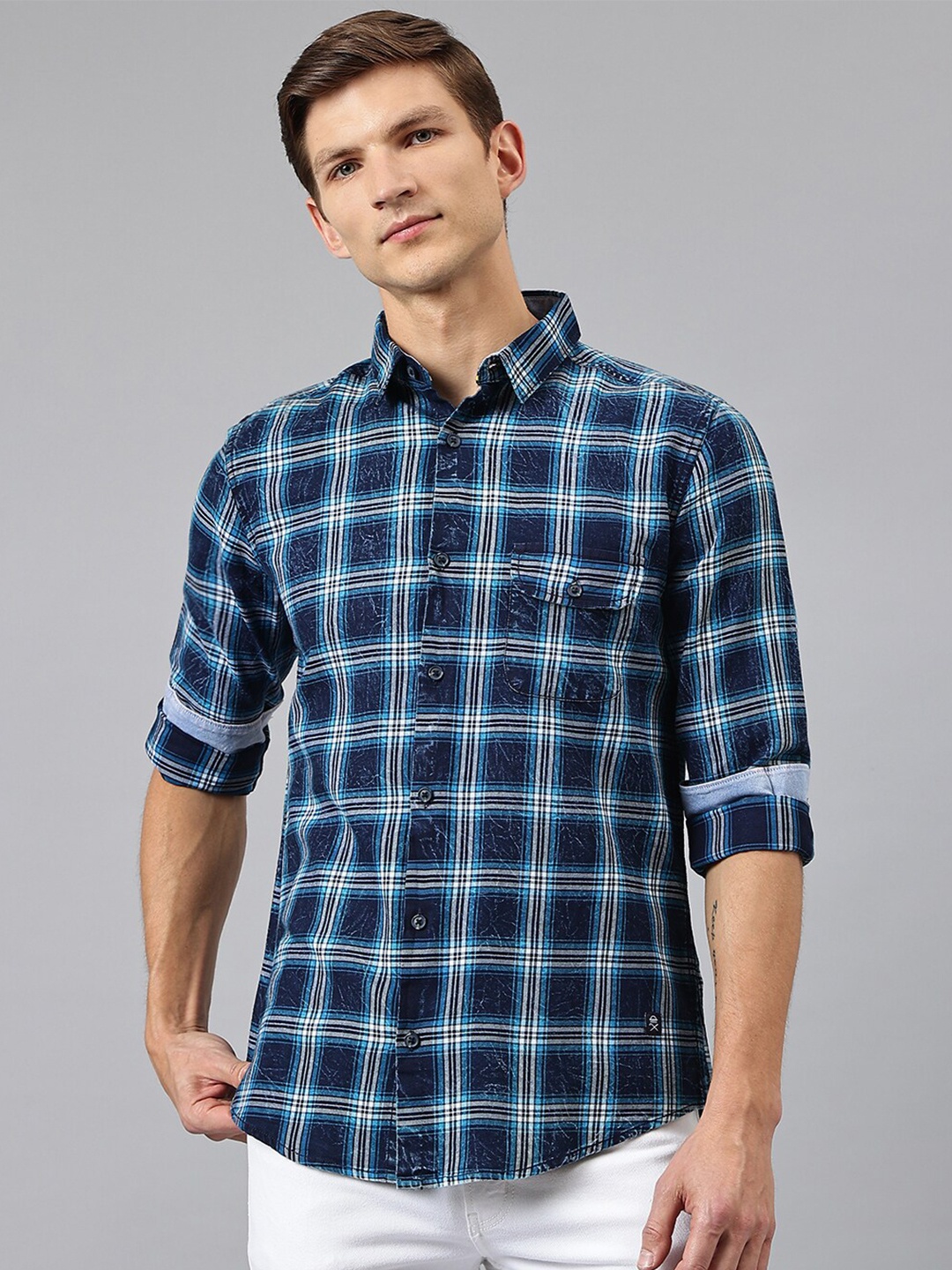 

Thomas Scott Men Blue Buffalo Checks Checked Regular Fit Cotton Casual Shirt