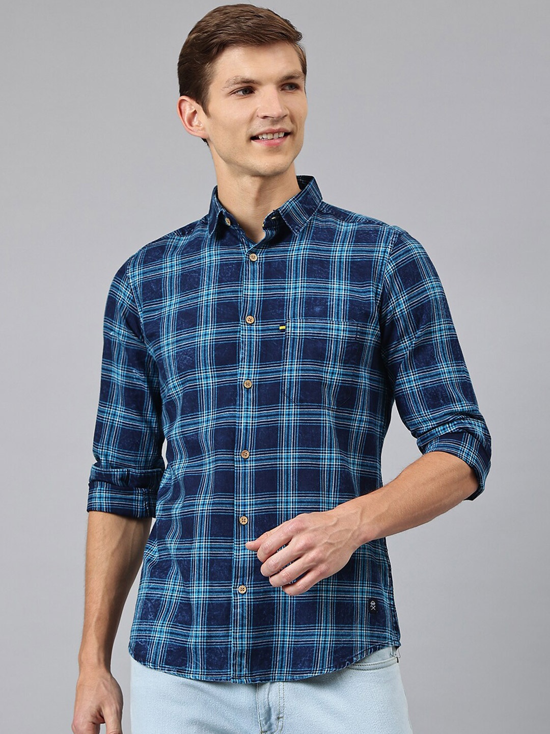 

Thomas Scott Men Blue Tartan Checked Casual Shirt