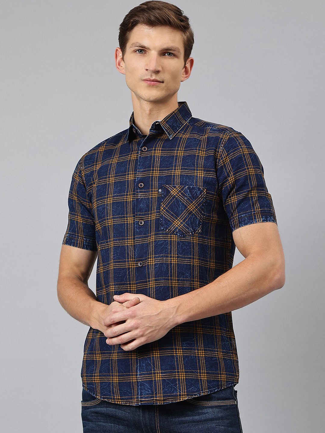 

Thomas Scott Men's Mustard Tartan Checks Checked Casual Shirt