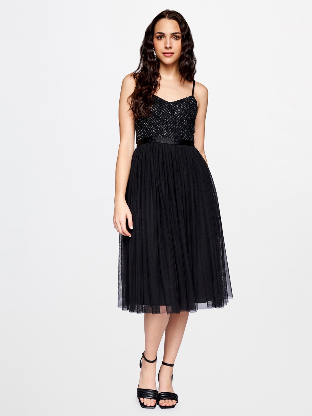 AND Women Black Embellished Chiffon Fit & Flare Dress