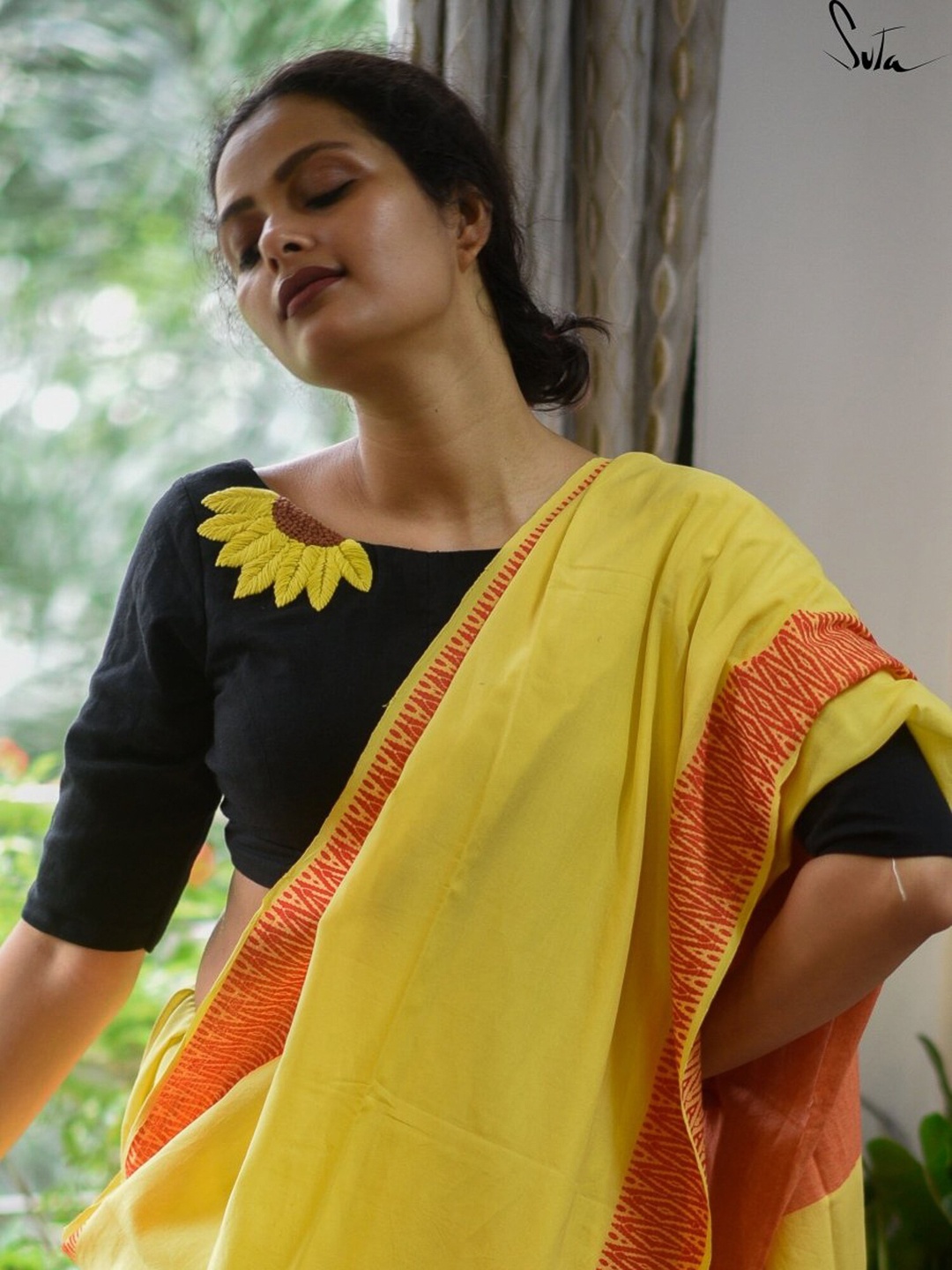 

Suta Women Black & Yellow Embroidered Cotton Saree Blouse