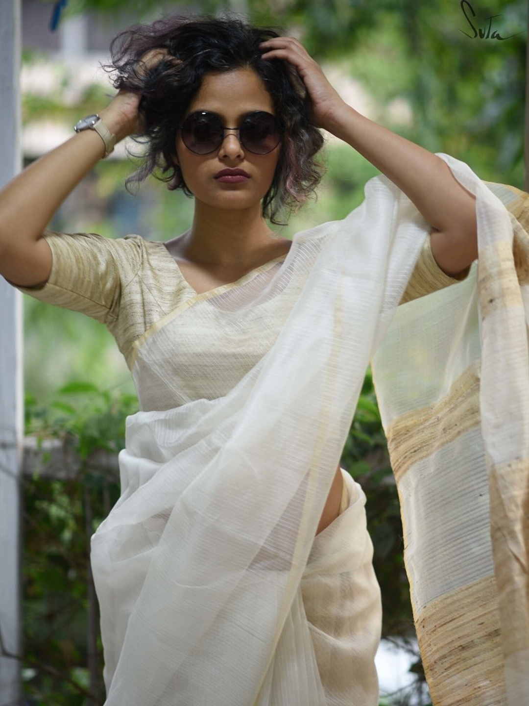 Suta Women Off-White & Brown Woven-Design Cotton Saree Blouse