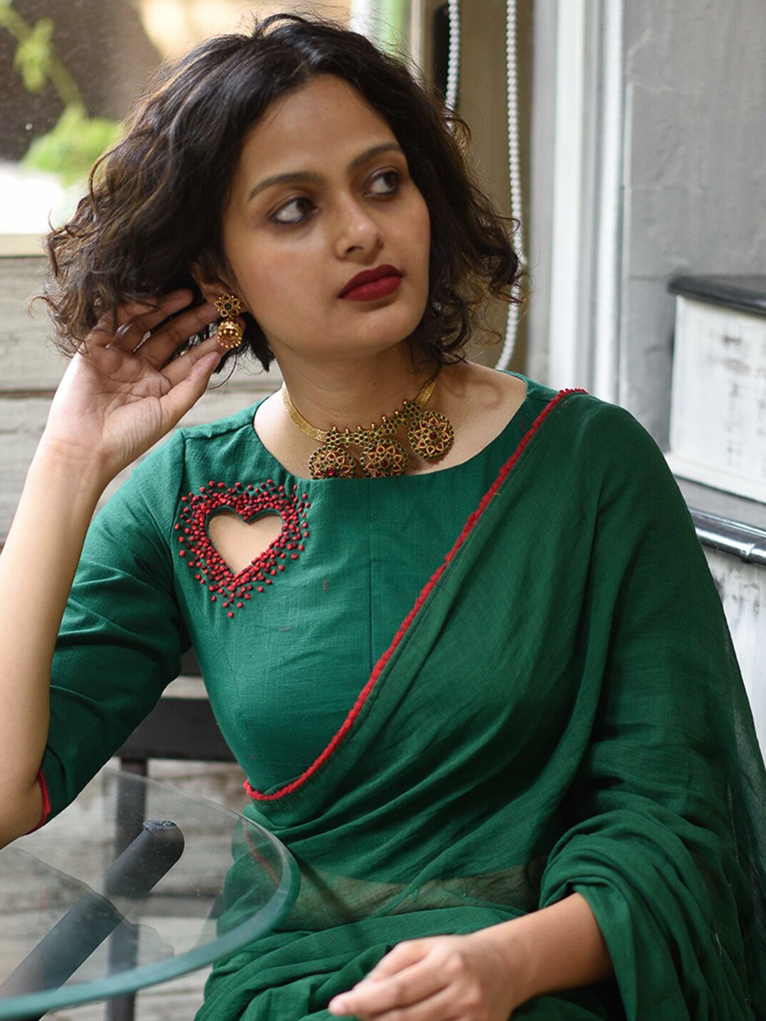 

Suta Green Solid Embroidered Cotton Saree Blouse