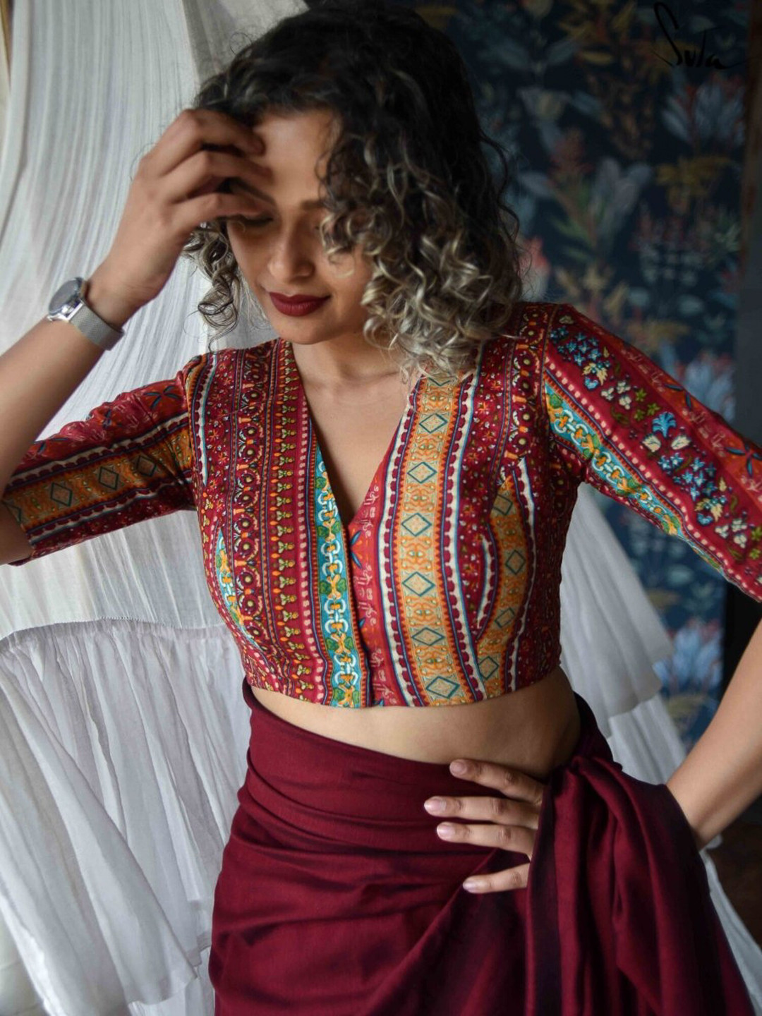 

Suta Women Maroon & Yellow Floral Printed Saree Blouse