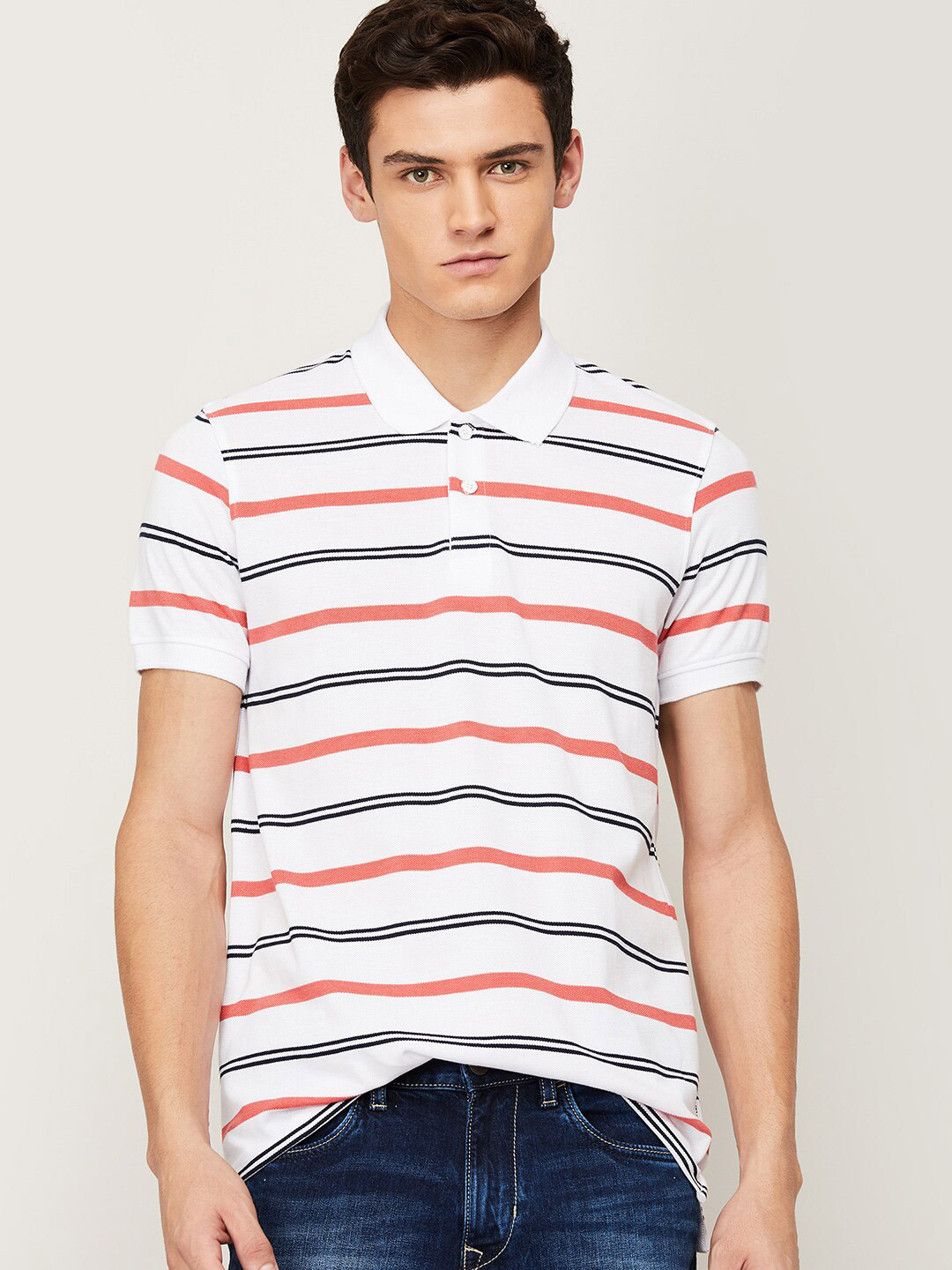 

Fame Forever by Lifestyle Men White & Peach-Coloured Striped Polo Collar T-shirt