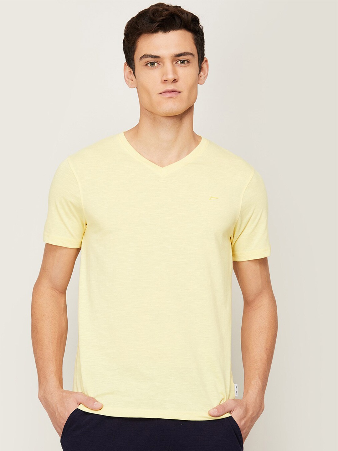

Fame Forever by Lifestyle Men Yellow Solid V-Neck Cotton T-shirt