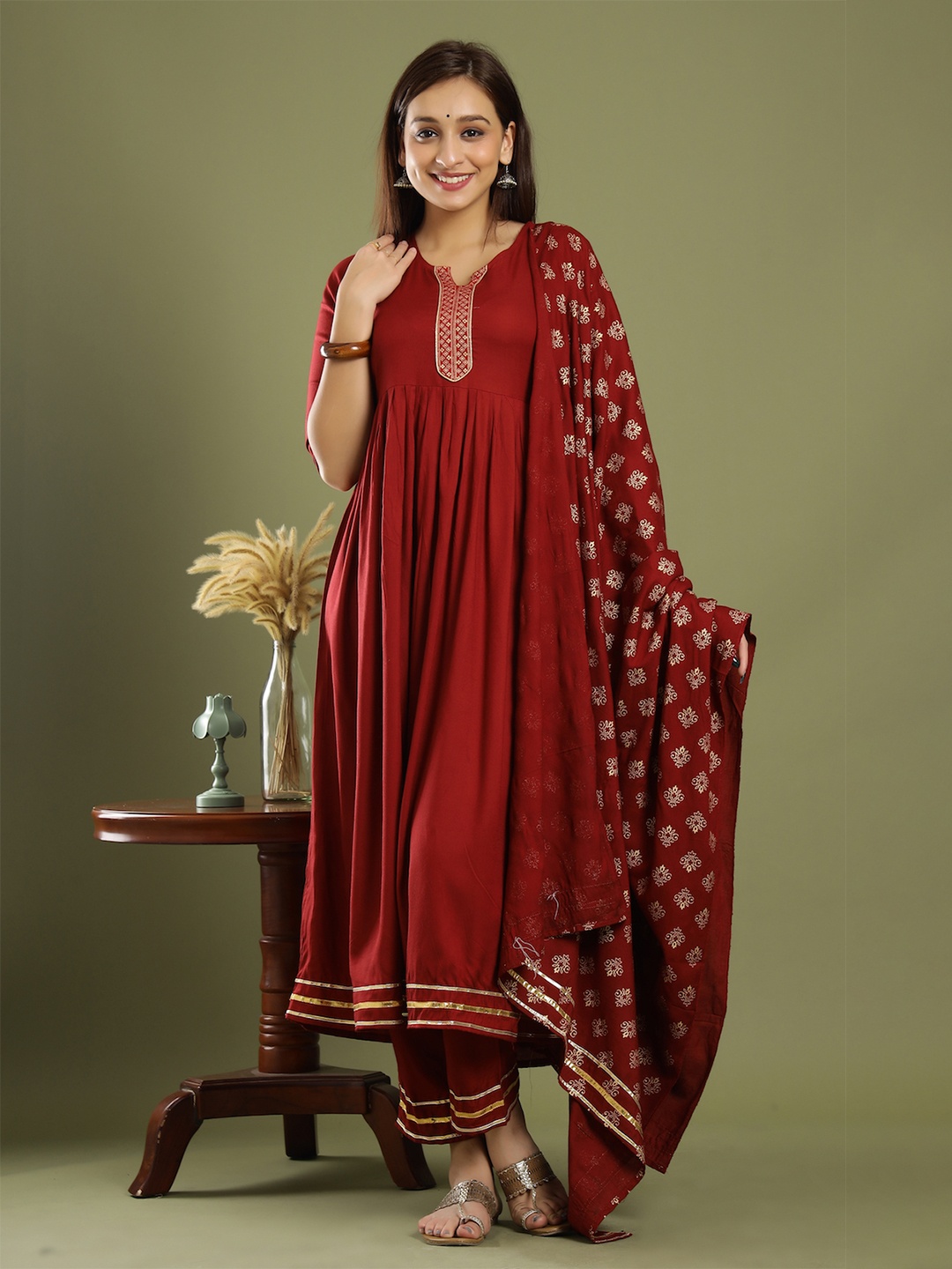 

KEEP CART Women Maroon Gotta Patti Kurta with Trousers & With Dupatta