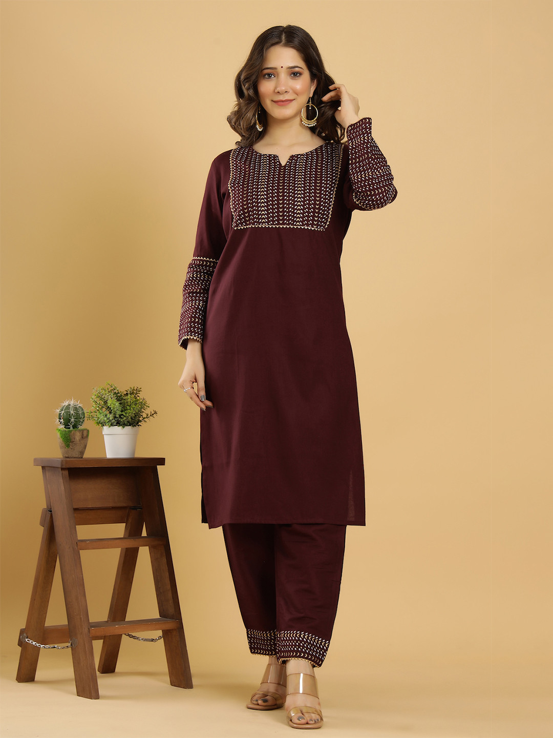 

KEEP CART Women Maroon Ethnic Motifs Yoke Design Kurti with Palazzos & With Dupatta